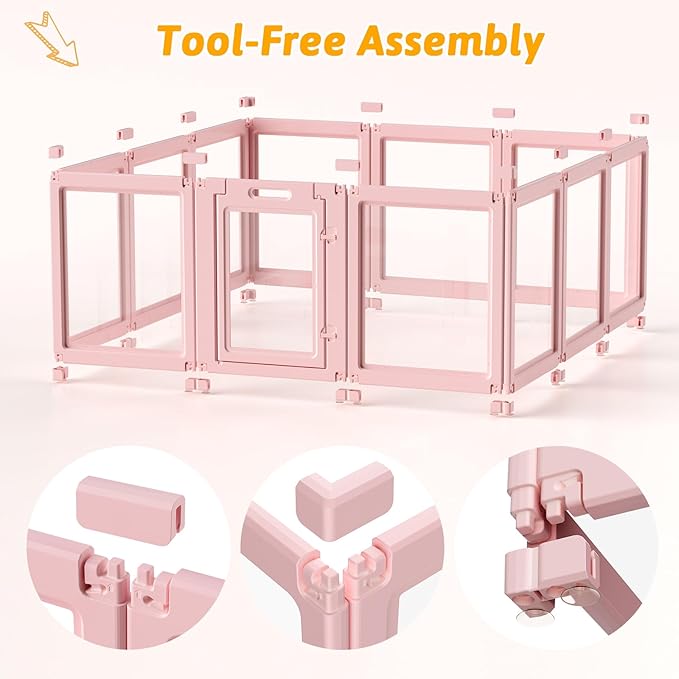 DIY Clear Acrylic Dog Playpen House,Quick Easy Assembly and Disassembly,Strong Floor Suction,Indoor and Outdoor Use,Easy Cleansing Puppy Fence (Skin Pink, 30.3" H, 12PCS)