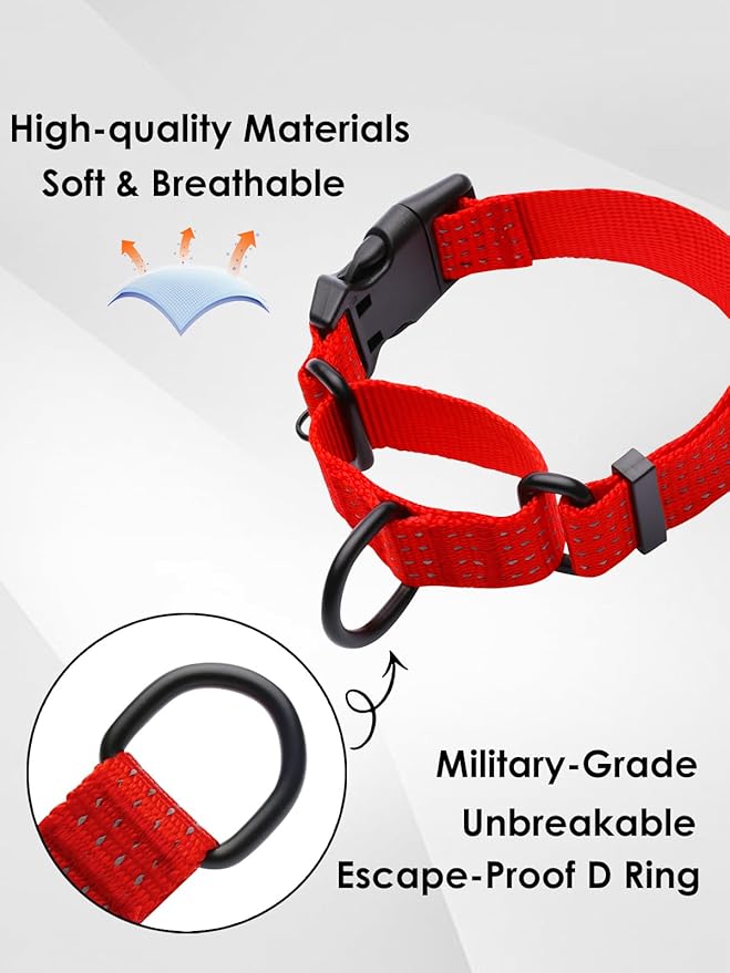 Martingale Dog Collar, Reflective No Pull Training Collar with Quick Release Buckle & USA Flag, Heavy-Duty Nylon, Adjustable for Small Medium Large Dogs (S,Red with Flag