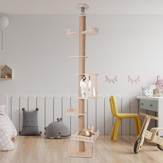 Tall Cat Tree, 5 Tier Floor to Ceiling Cat Tower, Adjustable Height (100''-104'') Cat Climbing Pole, Wood Cat Climbing Tower with Cat Scratching Post and Cages