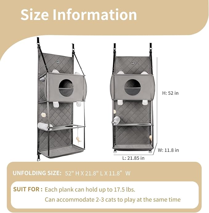 Hanging Cat Tree - Door Mounted Climber Cat Wall Cat Hammock for Indoor, Hanging/Elevated Bed - 4 Story with Removable Pillow, Roller Blind and Ball Toy