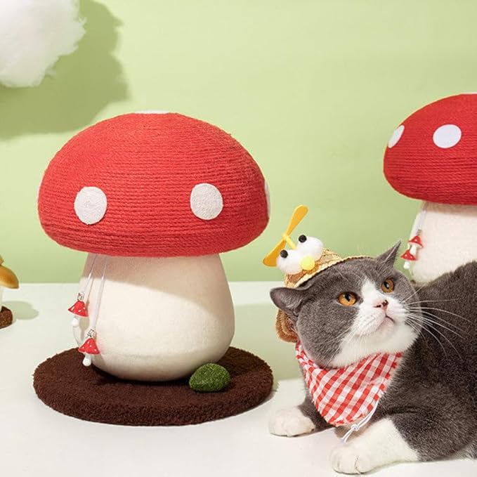 Happy & Polly Mushroom Cat Scratcher Toy, Red and White, Floor Mount, Modern Style, for Indoor Climbing (Red, Mediu)