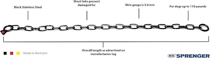 Herm Sprenger Black Stainless Steel Short Link Fur Saver Dog Training Collar No-Pull Slip Chain for Small Medium Large Dogs for Easy Control Made in Germany