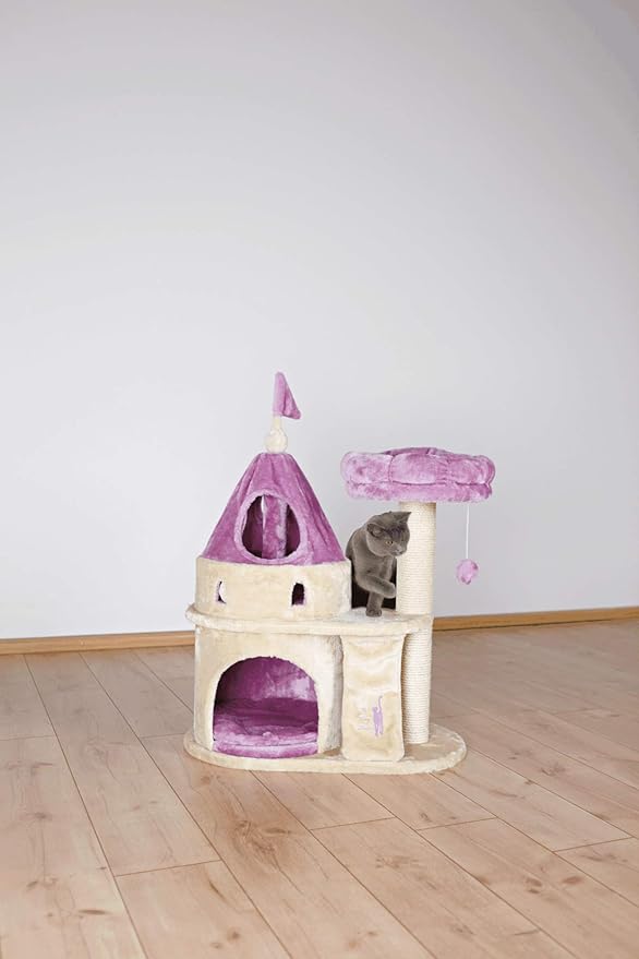 TRIXIE My Kitty Darling Castle Condo, Scratching Post, Cat Tree, Pom Pom, Crinkle Toy | Beige 27.5 x 14.75 x 35.25 in.