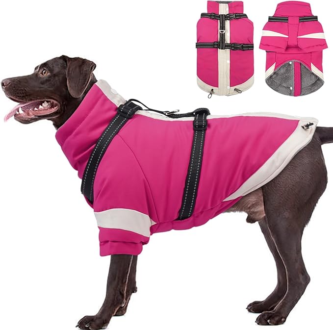 XX-Large Dog Winter Coat with Harness 2 in 1-for Walk The Dog | Thick and Warm Lining for Cold Winter,Turtleneck Windproof Snowsuit with Sleeves,Night Reflective Harness(Rosered)