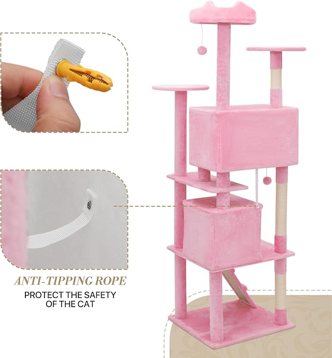 Athena Collection Modern Cat Tree Tower, 77 Inch Tall Cat Tree Climbing Tower with Scratching Post 2 Condo Multi-Level Activity Center and Playing Ball for Indoor Large Adult, Pink