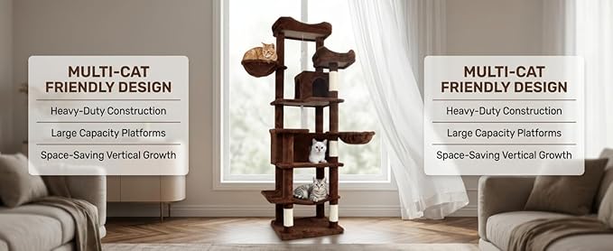 68" Tall 6-Level Plush Cat Tree Tower – Multi-Cat Furniture with Hammocks, Cats Cave, Removable Cushions & Sisal Scratching Posts | Indoor Playground for Cozy Naps & Claw Care