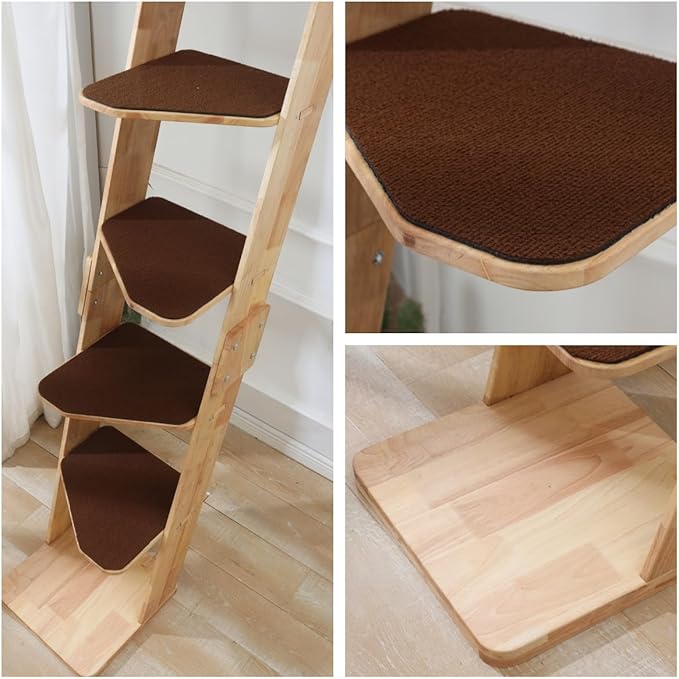 SHENGOCASE Modern 70" Tall Natural Wood 6 Level Leaning Cat Climbing Ladder Tree Tower with Large Perch Platform for Wall Window, Solid Wood Furniture for Multiple Cats