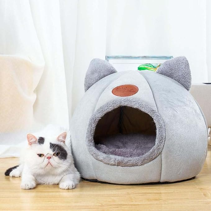 Cat Beds for Indoor Cats, Cozy Cat Cave Bed Dog House Cats Tent with Removable Cushion Pillow, Soft Warm Pet House Puppy Bed, Cute Pet Nest for Kitten Small Dog (Gray, L-14.2x14.2x14.2 Inches)