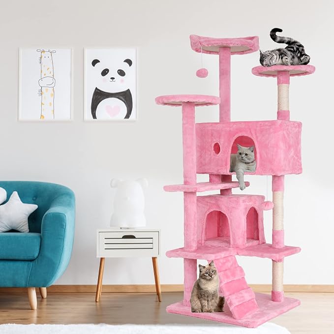 Dkeli Cat Tree for Indoor Cats Condo Tower with Scratching Post Tease Ball Perches Platform Small and Medium 54 Inch Multi-Level, Pink