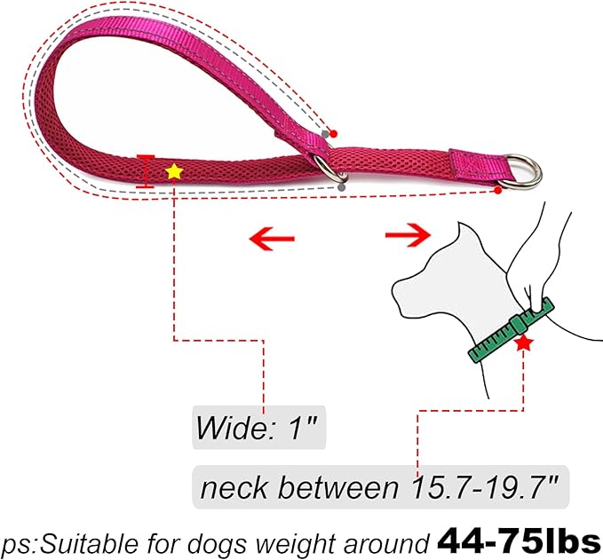 Reflective Slip Dog Collar, Loop Dog Collar for 44-75 lbs Dogs Nylon Collars with Soft Padded for Pet Training– Pink 1" W x 22" L (Fits Neck 15.7"-19.7")
