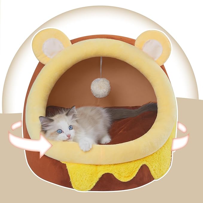 Jiupety Cute Cat Bed for Indoor, Cats Warm Soft Cave Fit for 11-17 lb Cats and 0-8 lb Dogs, Honeypot, L