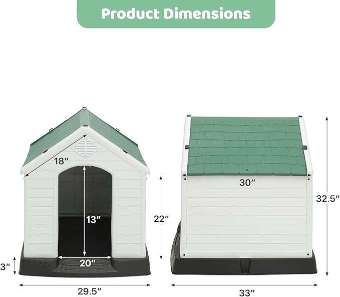 Plastic Dog House Indoor for Small Dogs, Insulated Dog House Outdoor Puppy Shelter, 32.5 Inch Weather & Water Resistant Pet Crate with Air Vents and Elevated Floor, Forest Green