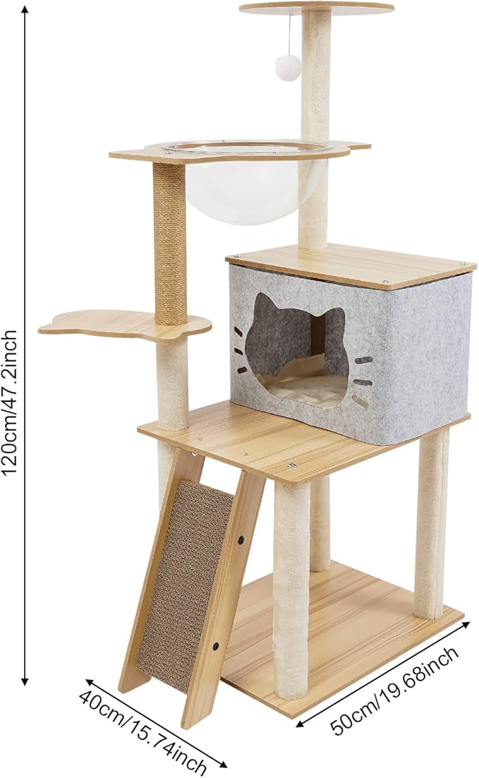 47.2-Inch Cat Tower, Multi-Level Cat Scratching Climbing Frame Cat Tree with Toy for Indoor Cats Paper Pillar Scratching Posts, Grey
