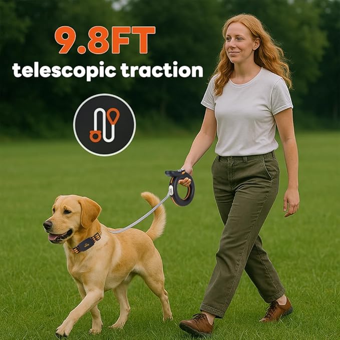 Adjustable Shock Levels Dog Training Collar with 9.8 FT Retractable Leash – Remote E-Collar for 2 Dogs, 3200 FT Range, Color Screen, Beep Vibration Static, IP67 Waterproof, USB-C Rechargeable