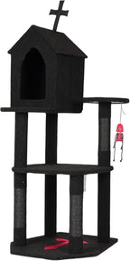 Gothic Halloween Cat Tree Tower, 3-Level Cat Furniture with Coffin Bed & Cross Top, Scratching Posts for Indoor Cats, Black Red Large Cat Tree for Multiple Cats