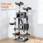 Pawly 70" Extra Tall Cat Tree with Dual Hammocks & Enlarged Condos, Premium CARB P2-Compliant Particle Board, 350G Plush Natural Sisal Cat Tower for Big Cats & Multi-Cat Families, Gray