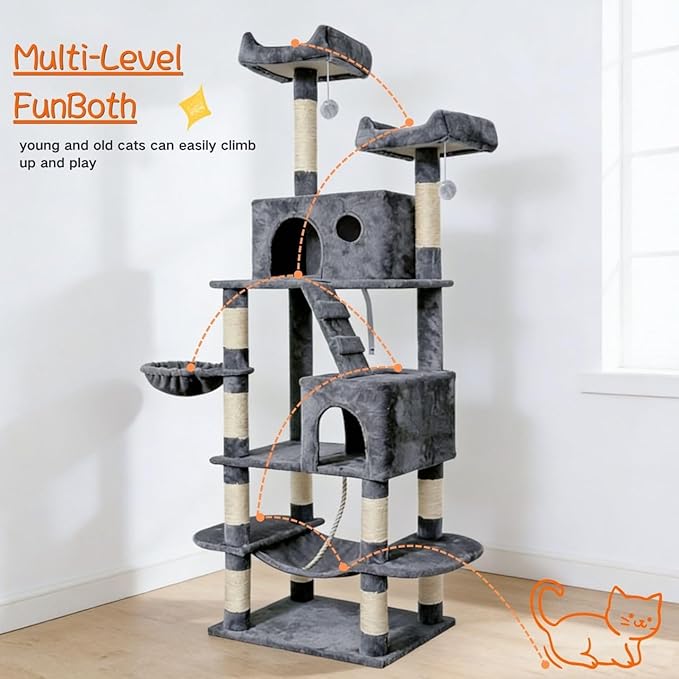 Pawly 70" Extra Tall Cat Tree with Dual Hammocks & Enlarged Condos, Premium CARB P2-Compliant Particle Board, 350G Plush Natural Sisal Cat Tower for Big Cats & Multi-Cat Families, Gray