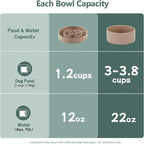 Ceramic 1.2 Cup Raised Slow Feeder Dog Bowl Set, Elevated 6.1inch Bowl and 7.3inch Puzzle Slow Food Dish with Wooden Stand for Medium and Small Dog, Anti-Gulping (2 x Brown Coffee+ Stand)