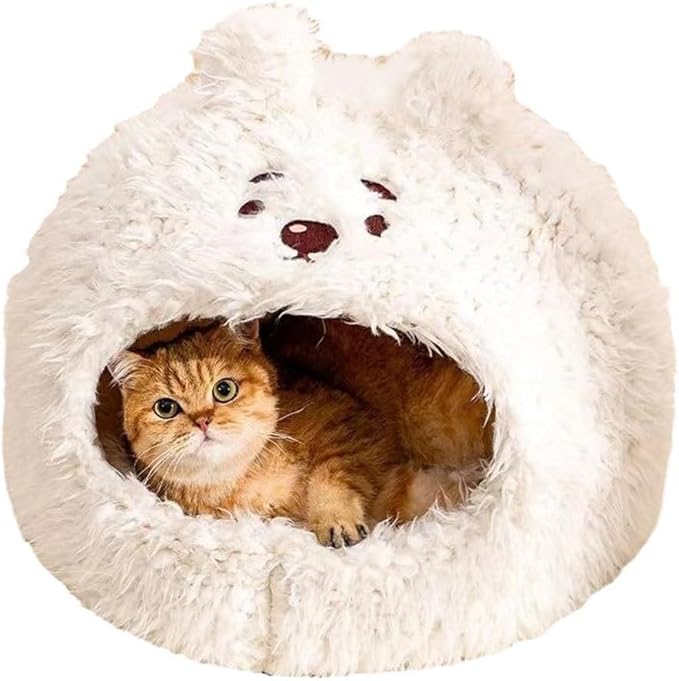 Cat Bed for Indoor Cats Large Cat Bed Cave Durable Cat Tent Bed with Removable Washable Cushion for Pet Cats and Dogs (Bear Style, M (18.9 X 18.9 X 16.9 Inch))