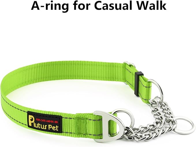 Plutus Pet Martingale Dog Collar with Stainless Steel Chain and Reflective Nylon, Adjustable No Pull Training Collar, for Small Medium, and Large Dogs, Lime Green, L