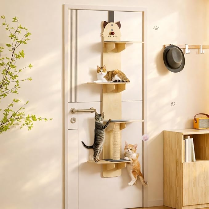 4-Tiers Vertical Cat Tree Over The Door, Door Hanging Cat Shelves, Cat Door Hanger with Scratching Post, Pads & Tease Cat Ball, Door Cat Climber for Indoor Kittens Jumping & Playing 170cm