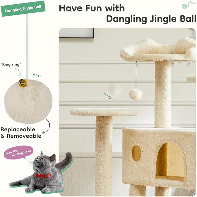 Cat Tree 54in Multi-Level Cat Tower with Sisal Scratching Post, Large Condo, Climbing Ladder for Kitten Indoor, Beige
