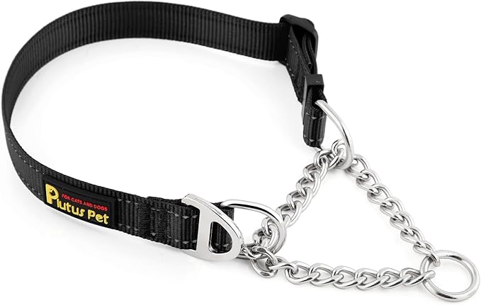 Plutus Pet Martingale Dog Collar with Stainless Steel Chain and Reflective Nylon, Adjustable No Pull Training Collar, for Small Medium, and Large Dogs, Black, S