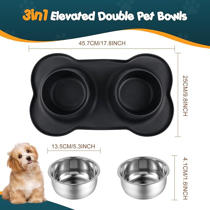 Bonve Pet Double Dog Food Bowls Stainless Steel & Water Dish with No-Spill and Non-Slip Silicone Mat, Removable Puppy Feeder Bowls for Small Medium Size Cat Dogs Kitten,14oz