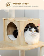 PETEPELA Wood Cat Tree for Indoor Cats Multi-Level Tower with Sisal Covered Scratching Posts, Cozy Condo, Super Large Hammock and Plush Perches Faux Rabbit Milk Fur Beige Rabbit Fur Wood Beige