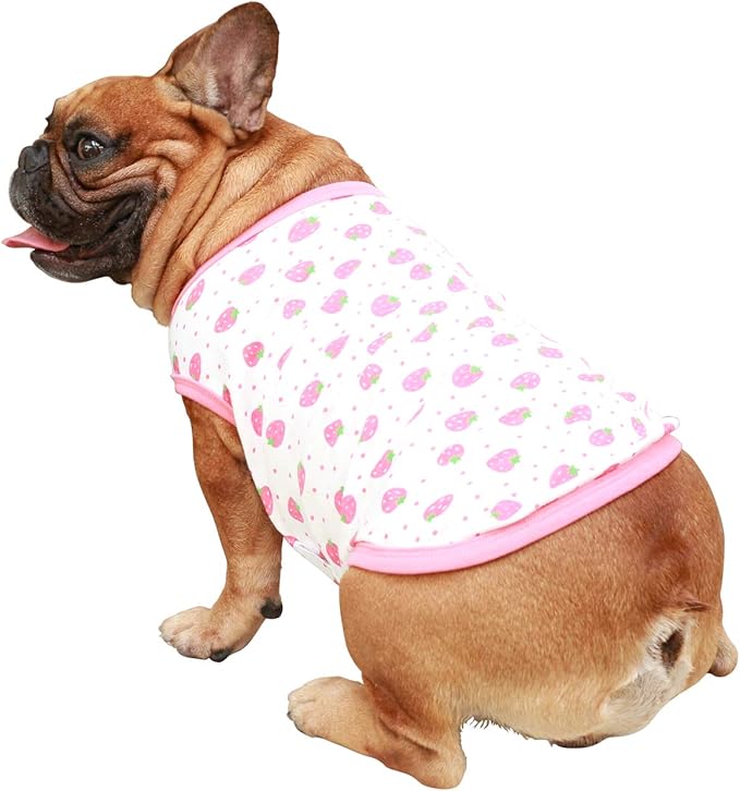 iChoue 100% Breathable Cotton French Bulldog Halloween Cartoon T Shirts Cute Clothes for Medium Dogs Vest Tank Tops Frenchie Pug Small Puppy English Boston Terrier Strawberry - Large