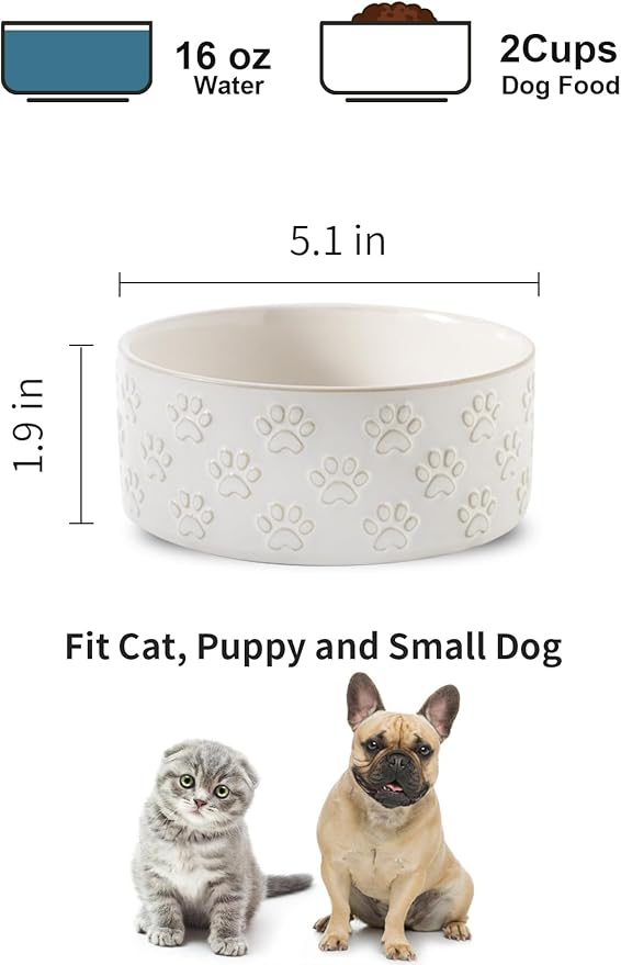 UBEE Small Dog Bowls Set of 2, 5.1 inch Ceramic Dog Dish Food Bowl, Pet Food Water Dish Feeding for Small Dogs and Large Cat, Paw Pattern, 5.1 in-Small, White