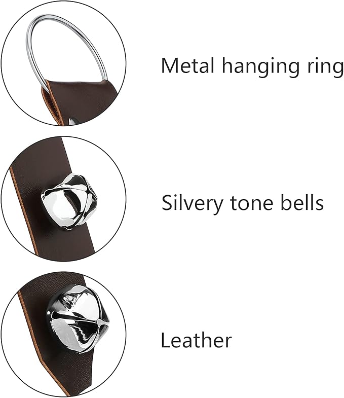 Frienda Hanging Jingle Sleigh Bells 7-Bell Dog Doorbells for Door Knob Faux Leather Belts Go Outside Dog Bells Christmas Decor and Holiday Decorations, 18.7 x 1.8 x 1 Inches(Brown with Silver)