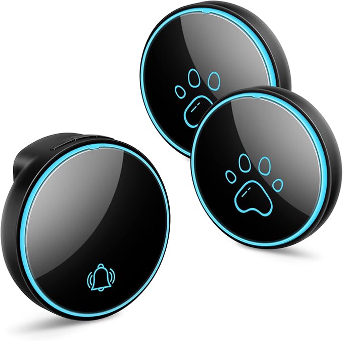 Comsmart Smart Wireless Dog Door Bell, Doggie Doorbell for Pet Potty Training Communication Go Outside Press Button with 38 Melodies 4 Volume Levels LED Flash (1 Receiver & 2 Transmitter), Black