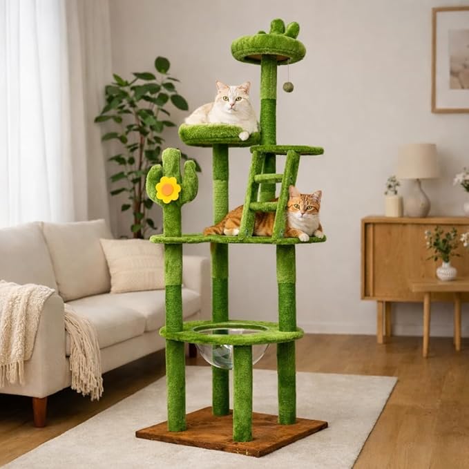 Cat Tree, 72in Indoor Cactus Cat Tree with Transparent Capsule, Sisal Scratching Posts, Plush Perches and Interactive Toys for Kittens and Large Cats, Green