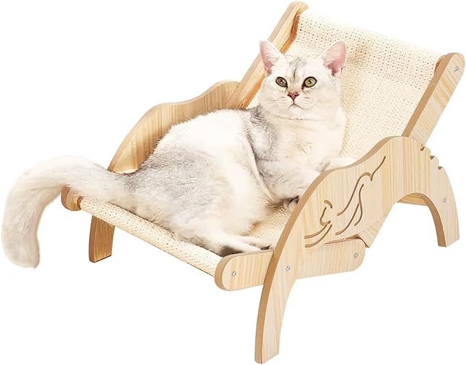Cat Hammock Beach Chair with Sisal Scratcher, Elevated Adjustable Cozy Cat Lounger Wooden Sisal Chair
