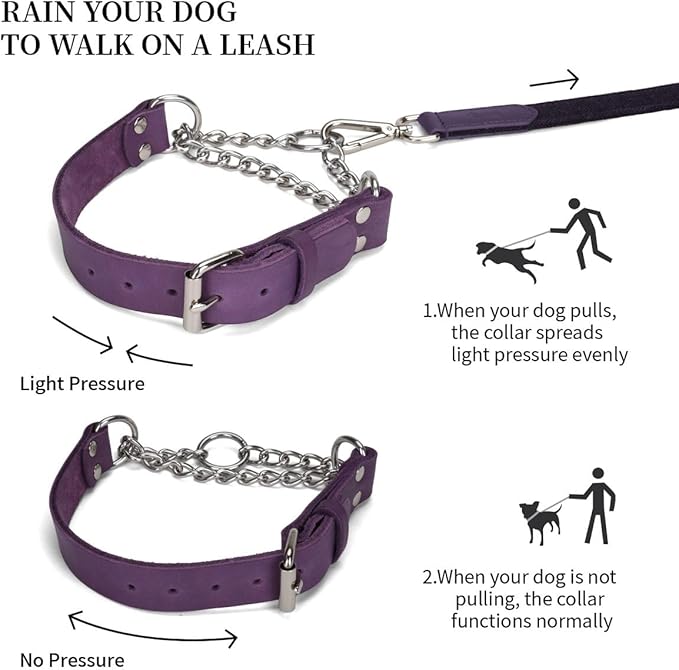 Martingale Collar for Dogs No-Pull Adjustable Training Collar with Stainless Steel Chain - Genuine Leather Anti-Slip Design for Small,Medium,Large Breed Dogs - Purple (S)
