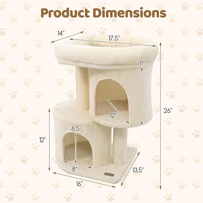 DORTALA Cat Tree for Indoor Cats, 26-Inch Cat Tower with 2 Cozy Condos, Sisal Scratching Post, Plush Top Perch, Modern Kittens Activity Play Center (Beige)