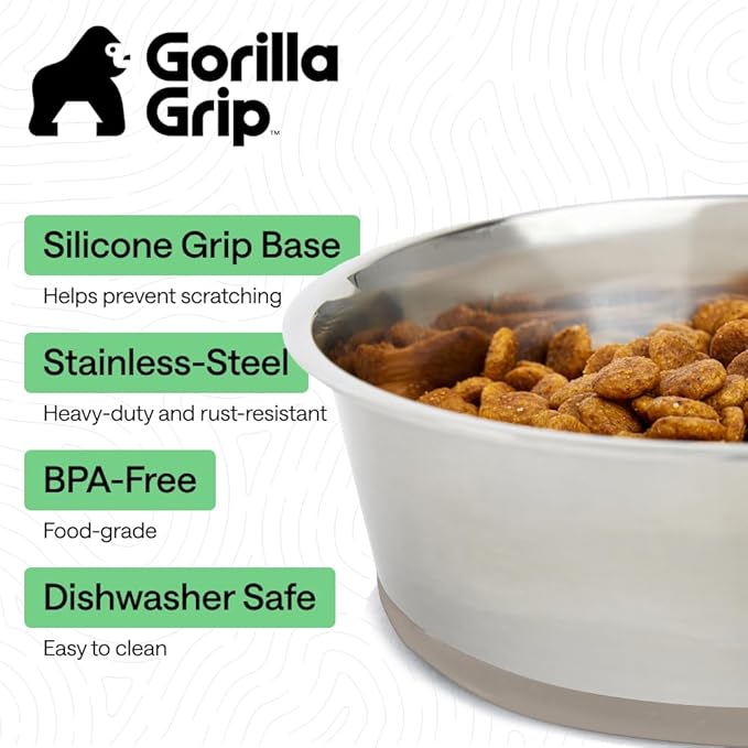 GORILLA GRIP Dog Bowls, Food Grade 304 Stainless Steel, Holds 4 Cups Each (32 fl oz) Food and Water Bowl for Feeding Dogs and Cats, Dishwasher Safe, Rust Resistant, BPA Free Rubber Base Set of 2 Beige
