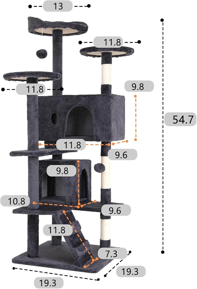 BestOffice 54 Inch Cat Tree, Multi-Level Cat Tower with Condo, Perches, Sisal Scratching Posts, Climbing Ladder,Indoor Activity Center Play House for Kittens & Adult Cats, Ashy