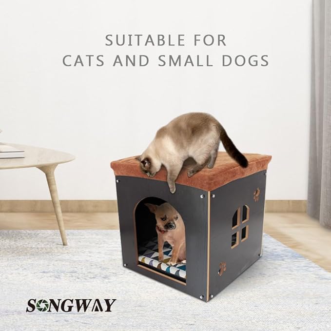 SONGWAY Cat House for Indoor Cats Large, Pet Cave with Carpet, Pet House Ottoman, Multipurpose Footrest with Cushion, Cube House for Cats and Small Dogs, Black L