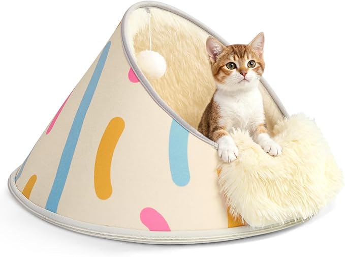 BurgeonNest 20-Inch Round Cat Bed Cave, Enclosed Hooded Pet House for Indoor Kittens, Anti-Collapse EVA Shell with Cord Access for Heating Pad, Washable Soft Plush, Beige