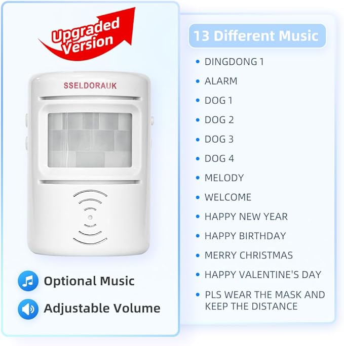 S SELDORAUK PIR Motion Sensor Door Bell Shop Visitor Alert Chime Dingdong Welcome Alarm Burglar Motion Detector