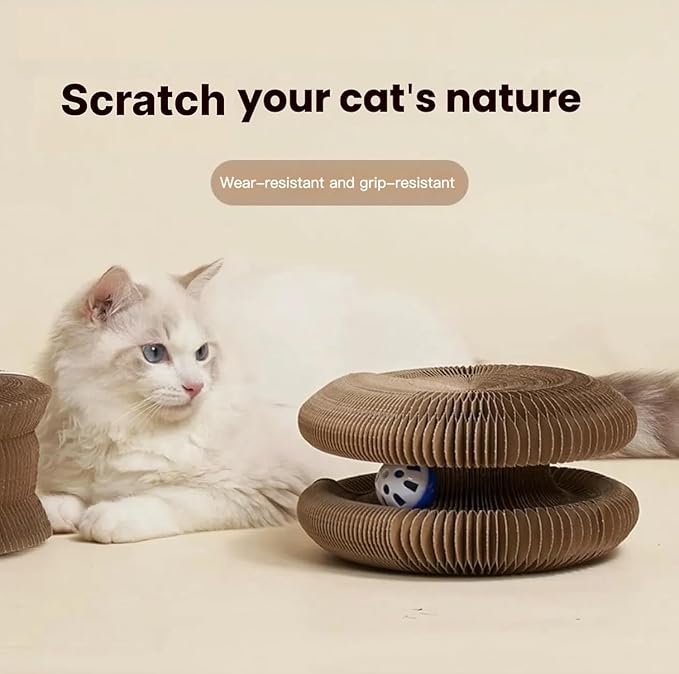 Magic Organ Cat Scratcher Toy - 2 Pack Magnetic Splicing Cardboard Cat Scratching Board with Bell Ball, Foldable Accordion Toy for Indoor Cats, Large Tunnel/Bouncy Ring Shape