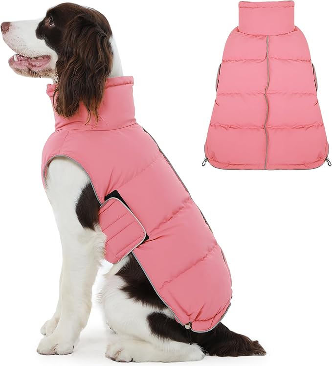 FUAMEY Dog Puffer Jacket for Large Dogs,Dog Cold Weather Coats Winter Dogs Down Jackets Waterproof Pet Snowsuits Warm Puppy Winter Vest Turtleneck Pets Adjustable Jackets Coats Pink XL