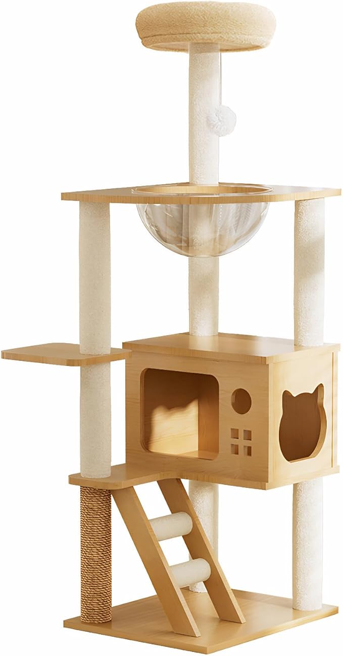 48.4" Tall Wood Cat Tree Tower for Indoor Cats Large Adult, Modern Minimalist Cat Furniture with Cat Scratching Post Cozy Sleeping Perch Hammock and Toy Ball, Beige