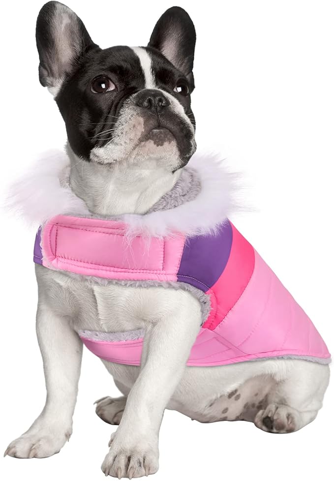 HDE Dog Puffer Jacket Fleece Lined Warm Dog Parka Winter Coat with Harness Hole Pink Stripe - M