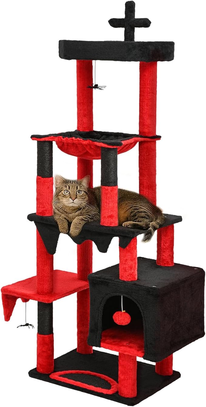 BYBYME Gothic Cat Tree for Halloween, 66in Tall Sturdy Furniture Set with Bed House, Hanging Toy, Scratching Board Sisal-Covered Posts, Multifunctional Cat Play Tower with Hammock（Black Red）