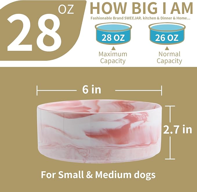 Elevated/Raised Dog Bowl Ceramic with Wood Stand for Small Medium Breed,Dog Food Water Dish Heavy, 6 in Non Slip Modern Cute Porcelain Pet Bowl Marble Pink