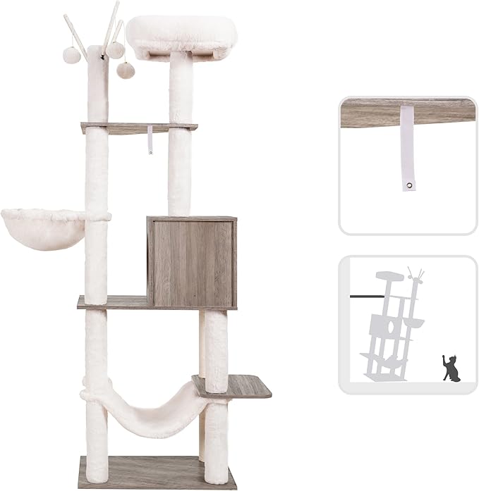 Hey-brother Wooden Cat Tree, 66.1“ Cat Furniture with Scratching Posts, Modern Cat Tower with hammocks, Toys, cat condo, Rustic Gray MPJ120SG