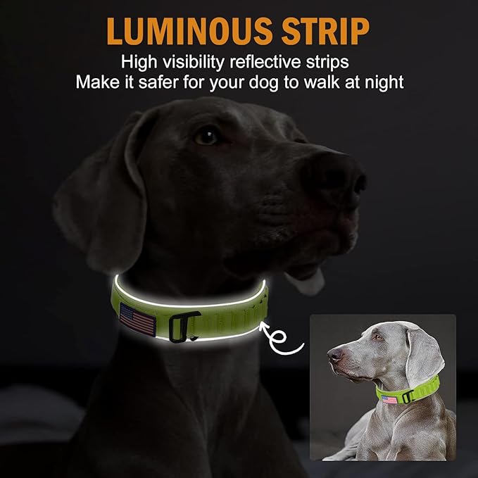 HYDEME Tactical Dog Collar, Alpine Loop Adjustable Military Training Nylon Dog Collars with Handle and Reflective for Small Medium Large Dogs, with Airtags Protective Case & Patches.(XL,GrassGreen)